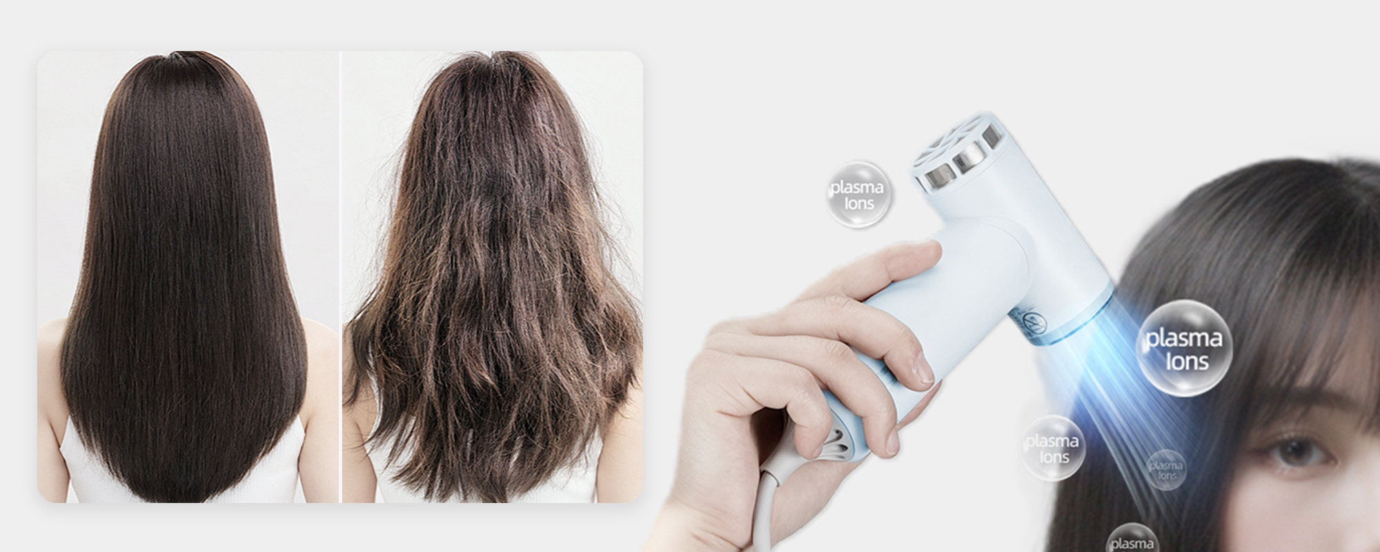 Suszarka do włosów z funkcją jonizowania KiCA HD - arctic white z wizualizacją tego jak działa technologia jonizacji plazmowej